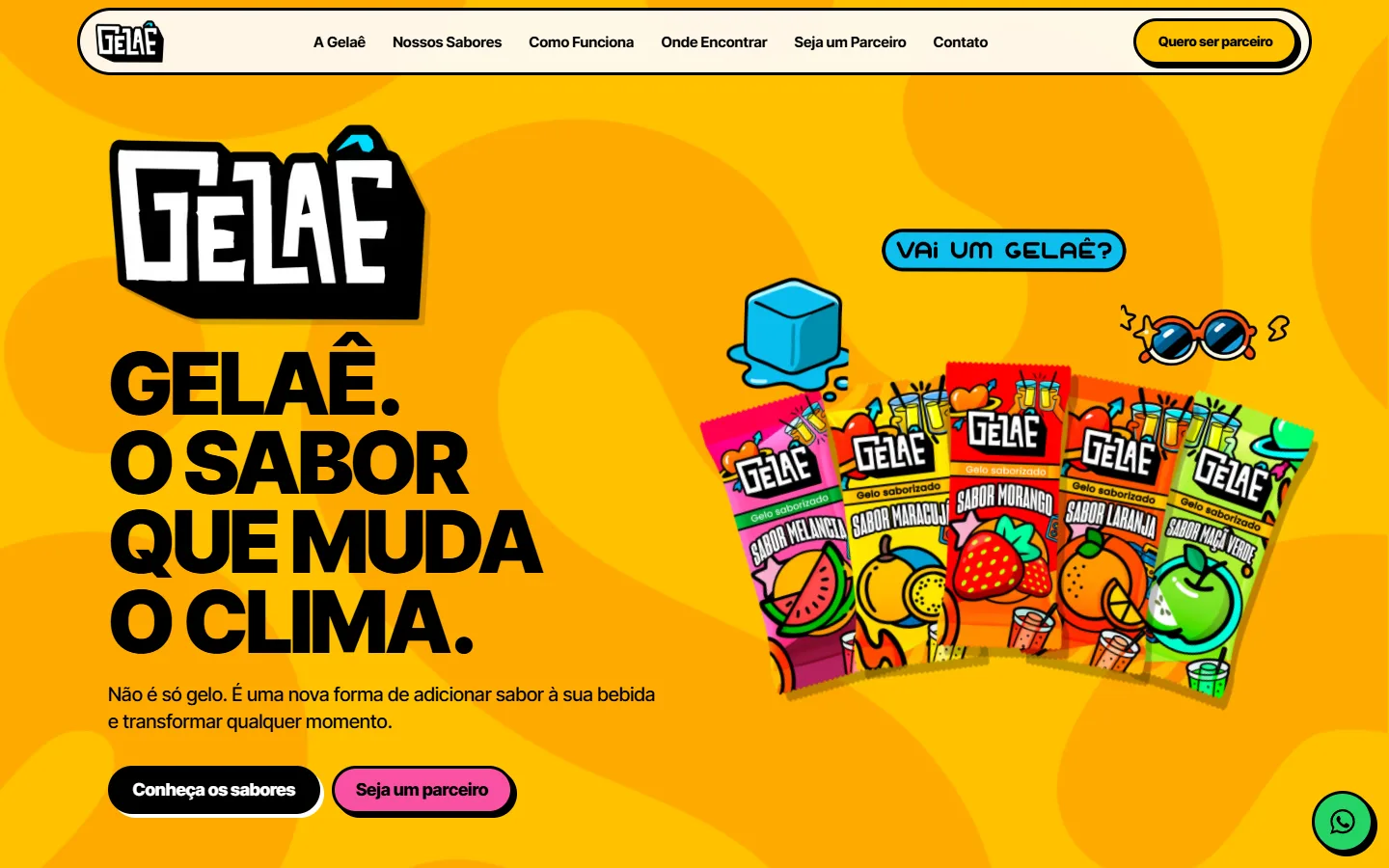 Página inicial do site da Gelaê com o logotipo, o título “Gelaê. O sabor que muda o clima.” e as embalagens dos sabores
